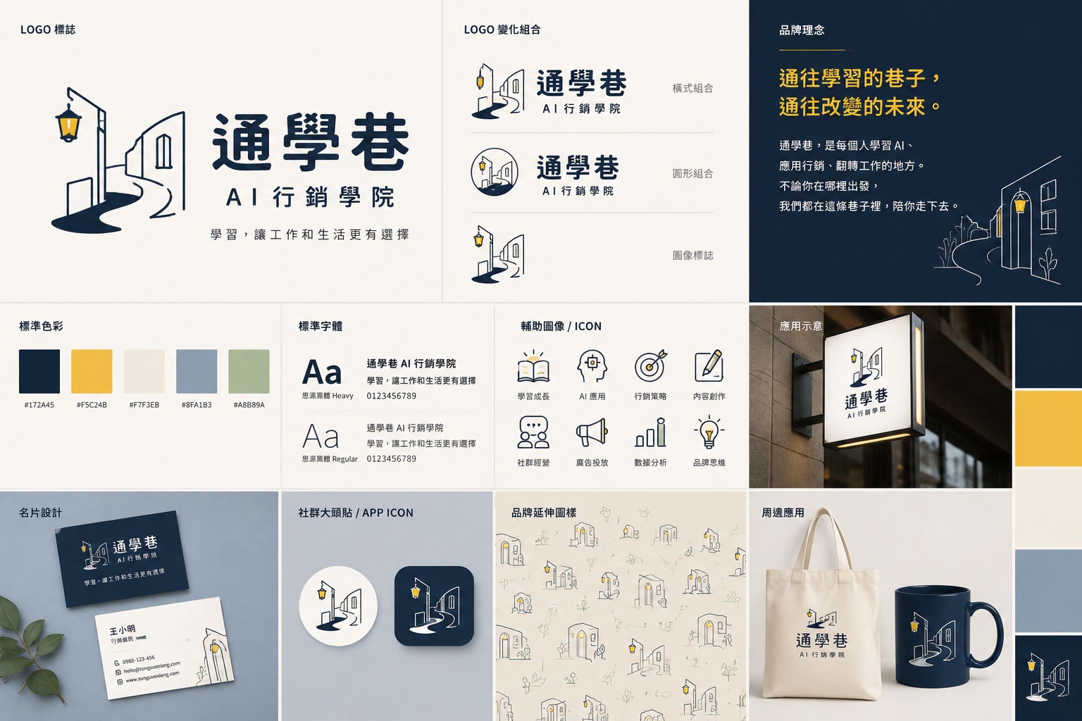通學巷完整品牌識別參考板,包含 Logo、色彩、字體、圖示與應用示例
